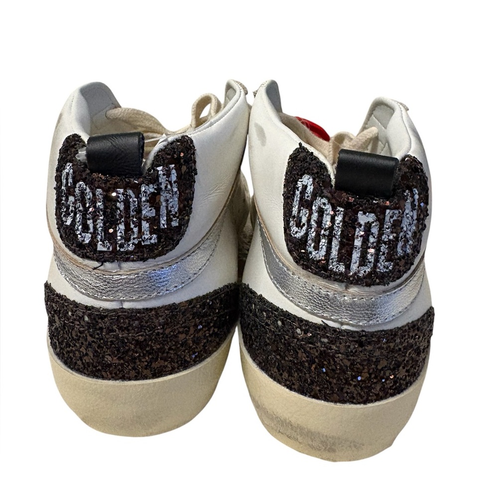 Golden Goose Mid Star White Sneakers with Gold Star and Dark Brown Glitter Heel - Picture 6 of 16